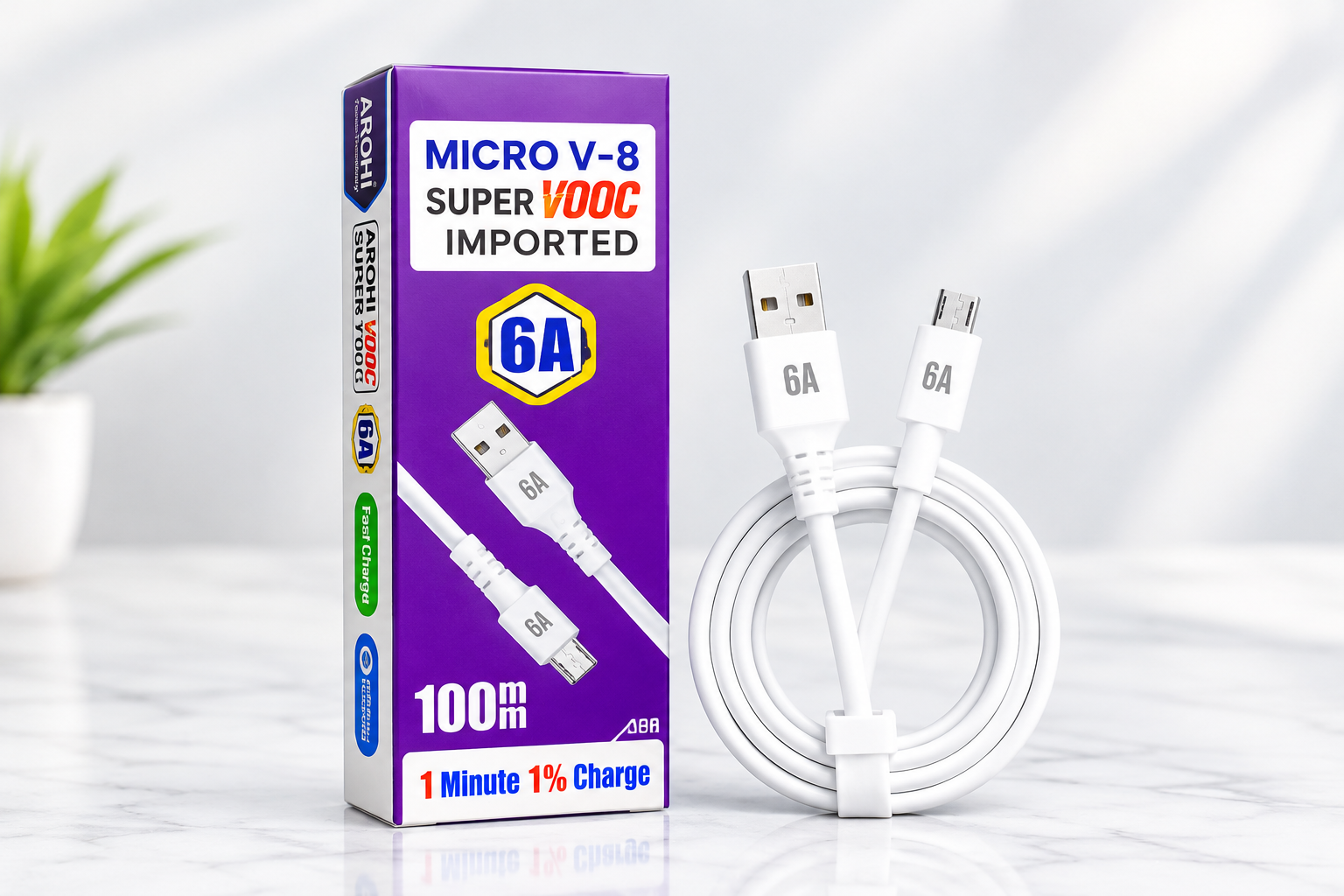 AROHI Micro V-8 Super VOOC 6A Fast Charging Data Cable – 100mm, Imported Quality