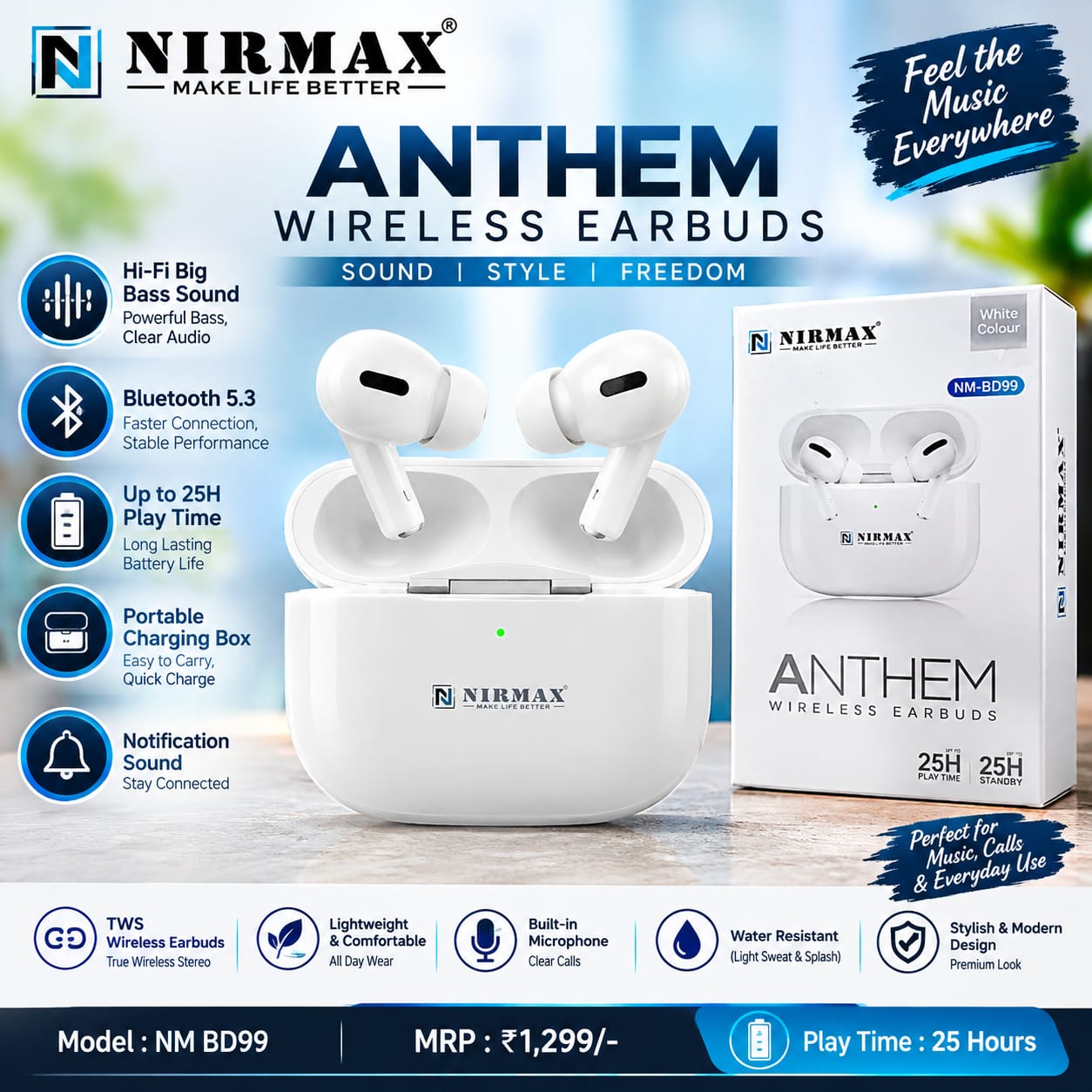 NIRMAX ANTHEM Wireless Earbuds NM BD99 – 25H Playtime, Bluetooth 5.3 & Portable Charging Case